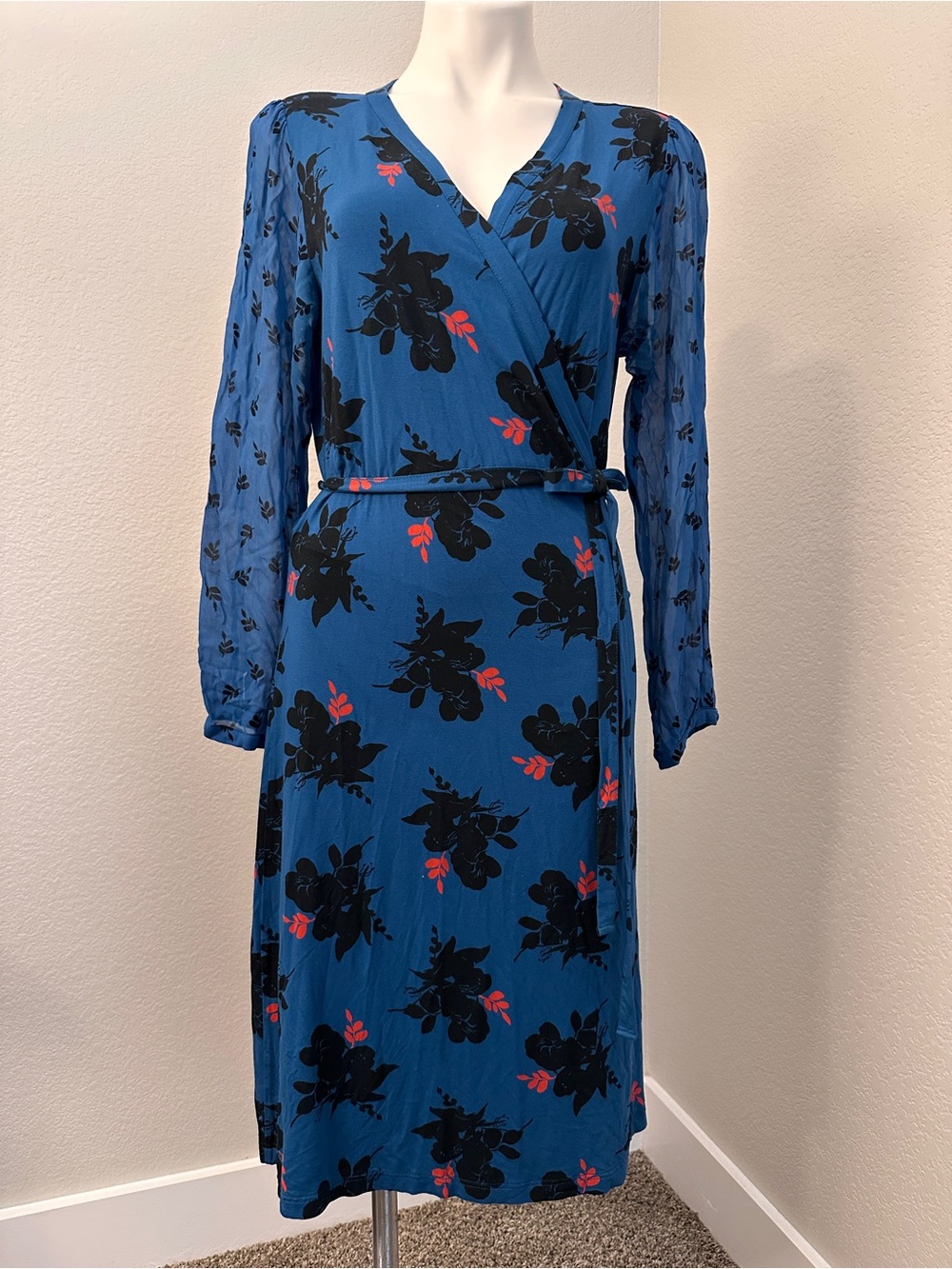BODEN Leda Blue Floral Wrap Midi Dress Stretch Jersey Knit